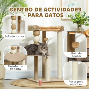 Arranhador para Gatos Arranhador para Gatos com Estofado em Borrego Plataformas Bola Suspensa e Poste de Juta 56x54x86 cm Castanho