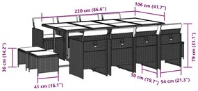 13 pcs conjunto jantar p/ jardim c/ almofadões vime PE castanho