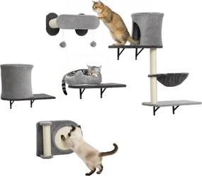 Prateleiras de parede para gatos, árvore de arranhar de parede, 5 peças, 2 compartimentos abertos, rede, plataformas e arranhadores em sisal cinzento