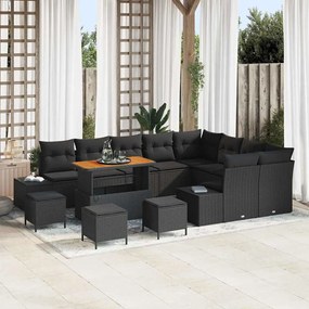 vidaXL Conjunto de Sofá de Jardim com 13 Peças e Almofadas, Vime Preto e Acácia