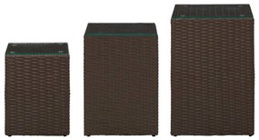 Mesas de apoio com tampo de vidro 3 pcs vime PE castanho