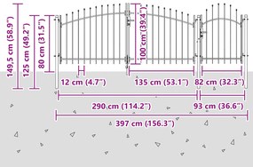 Portão de Jardim Preto com Topo de Lança 100 x 400 cm em Aço