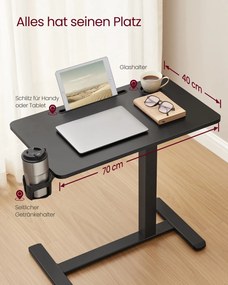 Mesa de secretaria auxiliar móvel com rodas e suportes para copos 70 x 40 x (65-102) cm Altura ajustável, em Preto