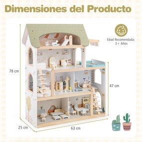 Casa de bonecas de madeira para crianças 63 x 25 x 78 cm com 33 acessórios de mobiliário, 6 quartos, para maiores de 3 anos, verde claro