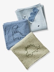 Oferta do IVA - Lote de 3 fraldas em gaze de algodão, Pequeno Dinossauro azul escuro estampado