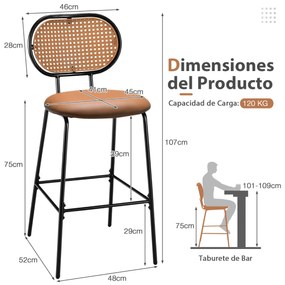 Conjunto de 2 Bancos Altos "Rustico" de 75 cm com Assento de Couro Sin