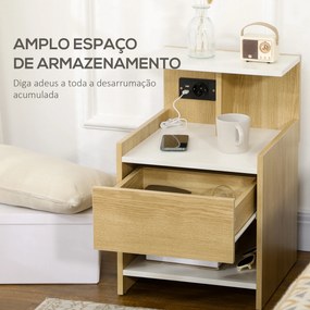 Mesa de Cabeceira Moderna Mesa de Cabeceira com Entrada USB Tomada Elétrica Gaveta e Prateleiras 40x40x60 cm Madeira