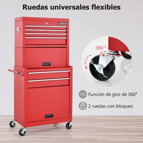 Carrinho de oficina com fechadura 9 compartimentos e ferramentas de rolamento de forro EVA 2 em 1 para garagem 61,5 x 33 x 132 cm Vermelho