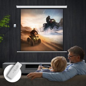 Ecrã de projeção motorizado de 85 polegadas, 4K HD elétrico, montagem na parede ou no teto, painel de controlo e comando à distância branco