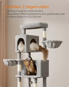 Arranhador para gatos com 190,7 cm de altura, 2 cavernas e 2 cavidades para descansar Cinzento