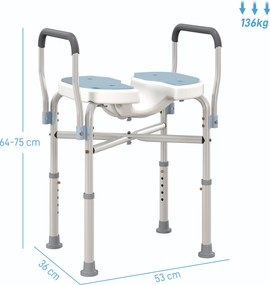 Cadeira de duche com braços 53 x 36 x 64-75 cm, assento em forma de U, altura ajustável, antiderrapante, azul claro