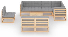 9 pcs conjunto lounge de jardim c/ almofadões pinho maciço