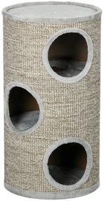 PawHut Barril para Arranhar Gatos de 3 níveis Torre para Arranhar Gatos com 3 Entradas e Tampa em Sisal Ø38x70cm Cinzento Claro