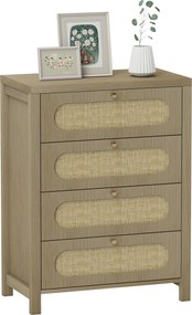 Cómoda com 4 gavetas, móvel de arrumação de estilo boémio com portas em resina trançada, 70 x 38 x 93 cm, efeito de madeira natural