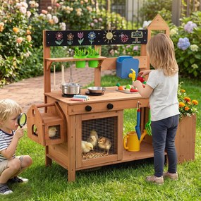 Cozinha Infantil para Exterior, 112 x 40 x 101 cm, com Floreira e Treliça, Natural