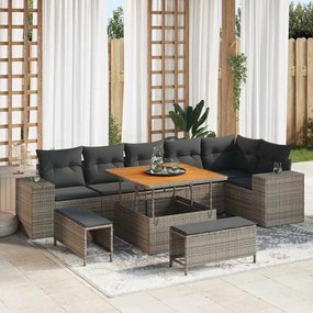 Conjunto de Sofá de Jardim vidaXL de 9 Peças com Almofadas em Rattan Poliéster Cinza