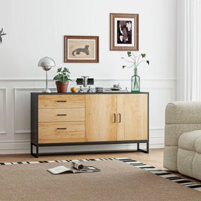 Aparador de sala de estar com 3 gavetas e prateleira ajustável 140 x 35 x 75 cm, pés em aço, puxadores em liga de alumínio acabamento em cor de madeir