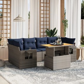vidaXL 7 pcs conjunto sofás p/ jardim c/ almofadões vime PE cinzento