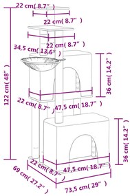 Árvore p/ gatos c/ postes arranhadores sisal 122cm cinza-escuro
