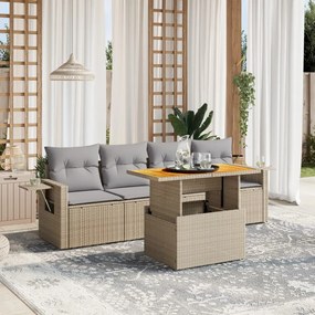 5 pcs conjunto de sofás p/ jardim com almofadões vime PE bege
