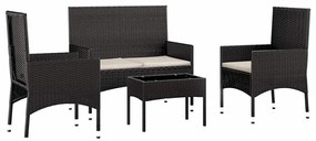 4 pcs conjunto lounge de jardim c/ almofadões vime PE preto