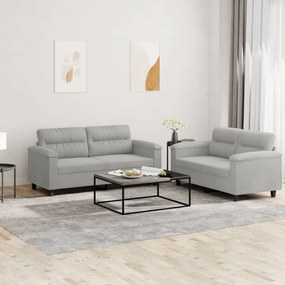 2 pcs conj. sofás c/ almofadões tecido microfibra cinza-claro