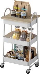 Carrinho de cozinha, com 3 níveis, tabuleiro superior, cestos, pegas, 45 x 32 x 77,5 cm, branco e carvalho