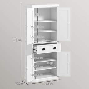 Armário de cozinha tipo aparador com várias opções de arrumação, prateleiras ajustáveis, 4 portas e gaveta grande, 76,2 x 40,2 x 183 cm, branco