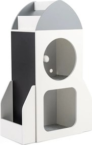 Estante infantil de 3 níveis com tema espacial 60 x 31 x 94 cm, quadro negro e 2 compartimentos para sala de aula, brinquedos e creche – Branco + Cinz