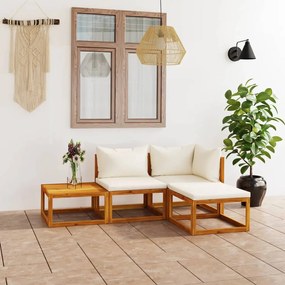 vidaXL 4 pcs conjunto lounge jardim c/ almofadões acácia maciça creme