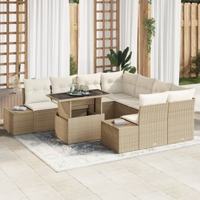 Conjunto de Sofá de Jardim 9 Peças com Almofadas Bege em Rattan