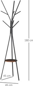 Cabide com três pernas, design contemporâneo, prateleira + 9 ganchos; dim. 45 x 45 x 180 cm; metal castanho