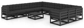 vidaXL 12 pcs conjunto longue jardim c/ almofadões pinho maciço preto