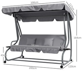 Baloiço de Jardim 3 Lugares Convertível em Cama com Toldo Ajustável e 2 Almofadas  200x120x164 cm Cinza