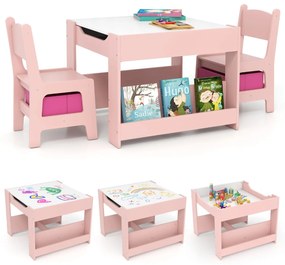 Conjunto de mesa e cadeiras infantis de atividades 4 em 1 para crianças com superfície reversível Prateleiras para livros e caixas Rosa