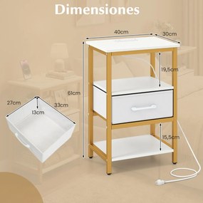 Conjunto de 2 mesas de cabeceira, mesas apoio 40 x 30 x 61 cm com estação de carregamento, Estrutura metálica moderna dourado e branco