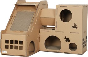 PawHut Casa para Gatos de Cartão em Forma de Castelo com 2 Níveis 3 Zonas de Arranhar Túnel e Rampa 78x66x57 cm Castanho | Aosom Portugal