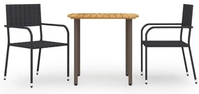 3 pcs conjunto de jantar para jardim vime PE preto