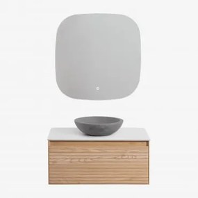 Conjunto De Móveis De Banheiro Em Madeira Tedrik Ash Castanho Fresno & Cimento Cinzento Redondo Ø40 Cm Tarsis & Quadrado Led - Sklum