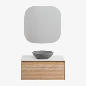 Conjunto De Móvel De Casa De Banho Suspenso 80x50 Cm Em Madeira De Freixo Tedrik Castanho Fresno & Cimento Cinzento Redondo Ø40 Cm Tarsis - Sklum