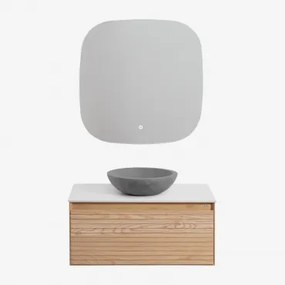 Conjunto De Móvel De Casa De Banho Suspenso Em Madeira De Freixo Tedrik Castanho Fresno & Cimento Cinzento Redondo Ø40 Cm Tarsis & Quadrado - Sklum
