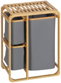 HOMCOM Cesto de Roupa de Bambu com 3 Bolsas de Tecido Amovíveis e Prateleira Aberta 50x32x69,7cm Cinza e Madeira