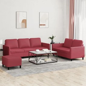 3 pcs conjunto sofás c/ almofadões couro artif. vermelho tinto