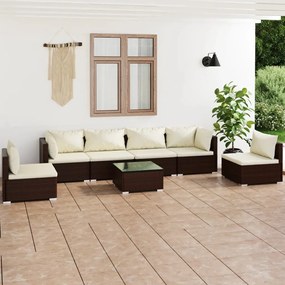 7 pcs conjunto lounge jardim c/ almofadões vime PE castanho