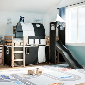 vidaXL Cama alta criança c/ torre 90x190 cm pinho maciço branco/preto