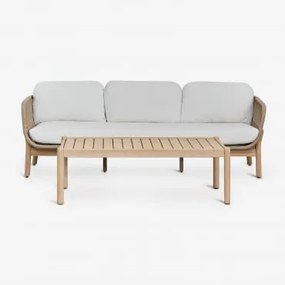 Conjunto De Jardim Com Sofá De 3 Lugares E Mesa De Centro Retangular 120x60 Cm Em Madeira De Acácia E Corda Trançada Karvia Marrom Acácia Claro & Teci