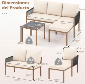 Conjunto de 3 Peças de Jardim: Sofá de 2 Lugares, Espreguiçadeira e Mesa de Centro, 118 x 171 x 64 cm, Estrutura Metálica Reforçada, Bege