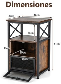 Conjunto 2 Mesa de cabeceira ou Mesas apoio 61 cm x 40 cm x 35 cm com 3 níveis  industrial e 2 gavetas rebatíveis Estante aberta Castanho
