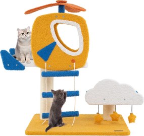 Arranhador para gatos com tema de aviação com poleiro de helicóptero Plataforma Escada 3 brinquedos Amarelo
