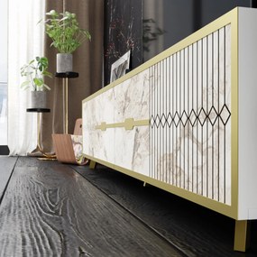 Aparador ELOISE, bilaminado mármore branco com detalhes dourados, 180 cms